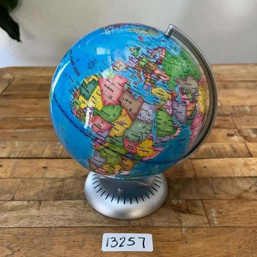 Light Up World Globe 9 in Silver Plastic Base Battery Operated
